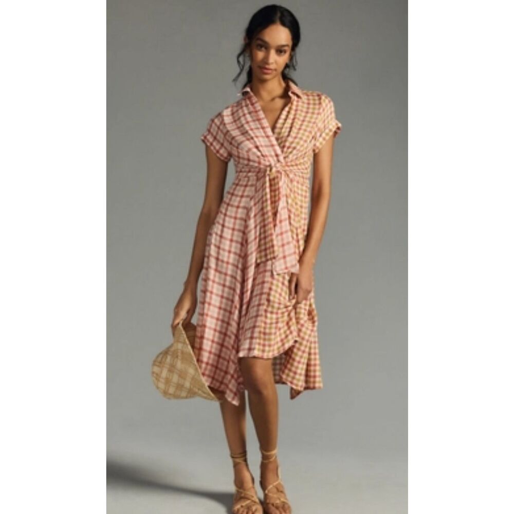Anthropologie Pink and Cream Plaid Midi Dress